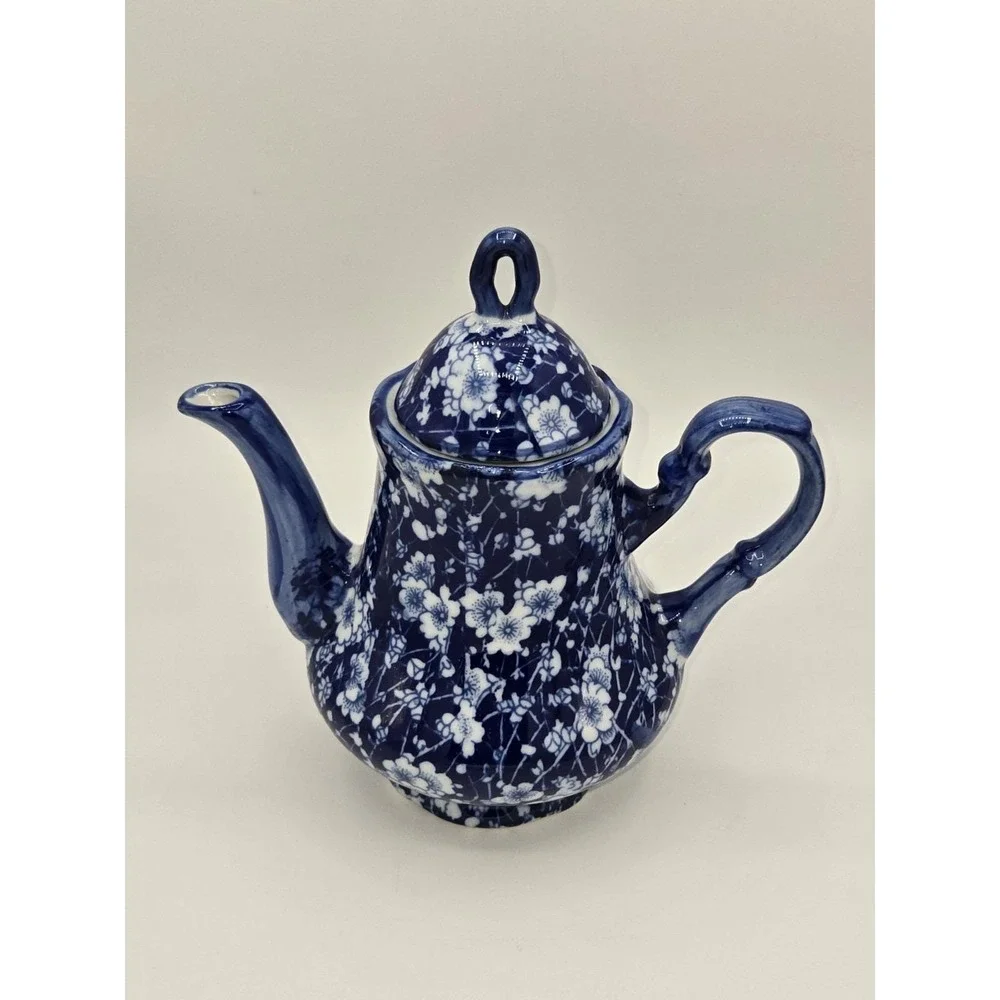 Antique Blue and White Chintz Floral Ceramic Teapot‎ with Lid Calico Style